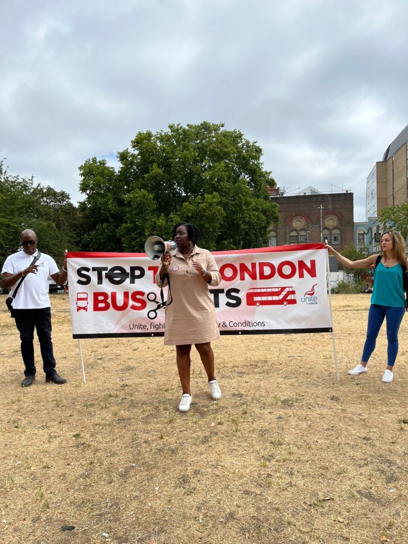 Marsha speaking at a "Stop the London Bus Cuts" rally.
