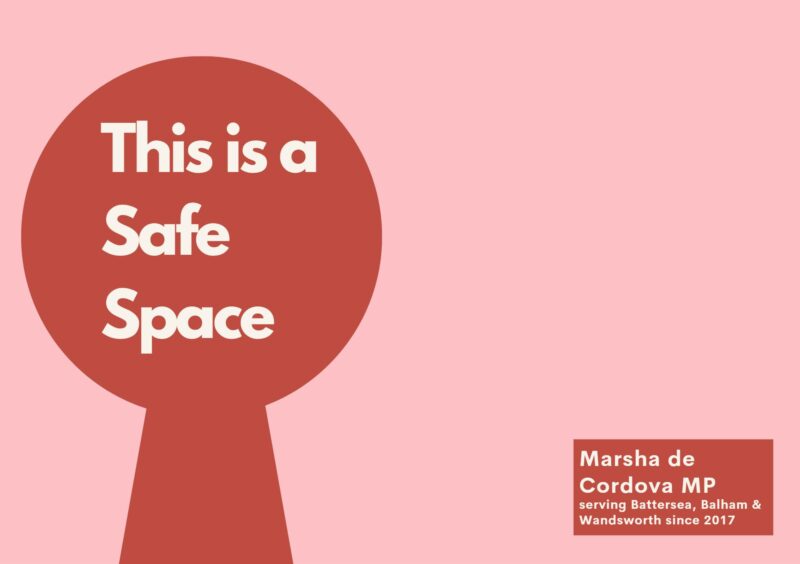 A graphic of a keyhole with text inside stating "This is a Safe Space"