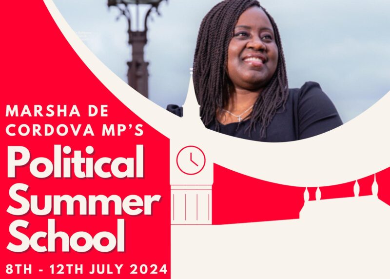 Political Summer School poster with a depiction of the silhouette of Parliament